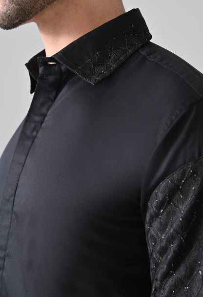 Indyslay Black Designer Elbow Patch Giza Cotton Shirt – Party Wear Edit