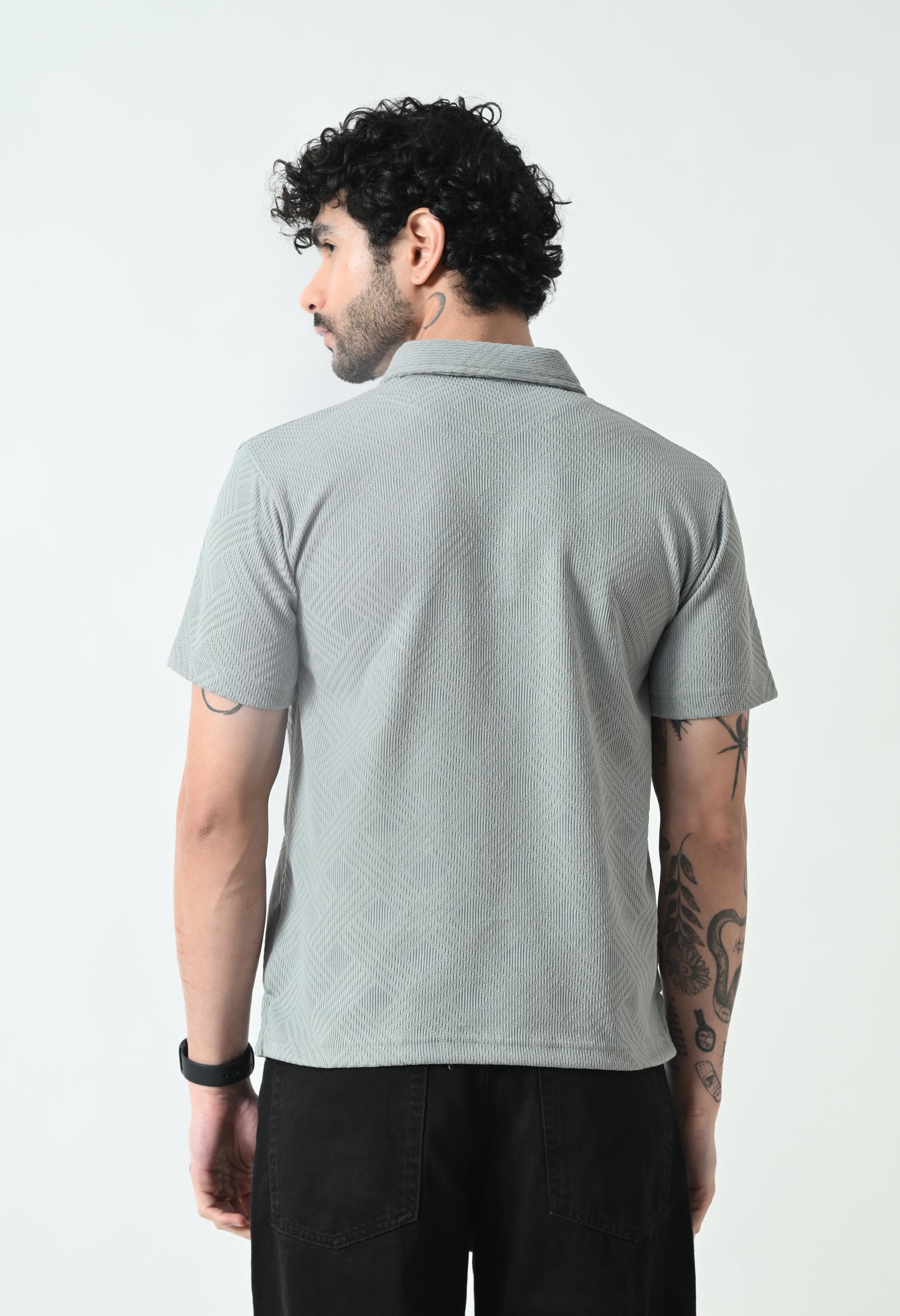 Indyslay Textured Jacquard Buttoned Collar Polo TShirt – Gray