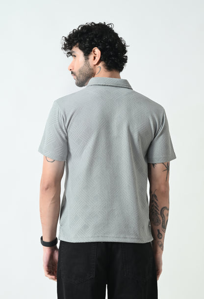 Indyslay Textured Jacquard Buttoned Collar Polo TShirt – Gray