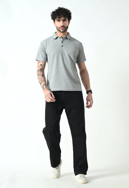Indyslay Textured Jacquard Buttoned Collar Polo TShirt – Gray
