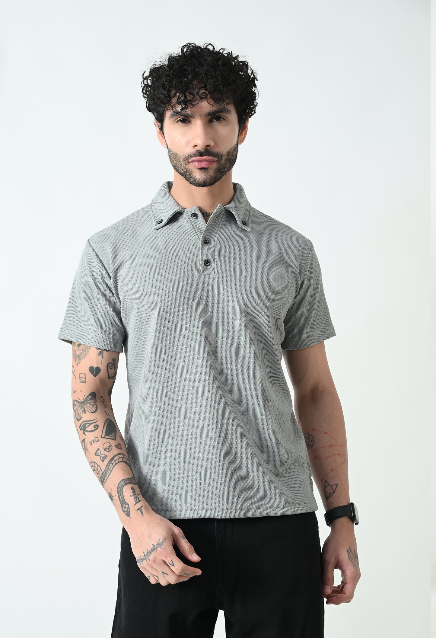 Textured Jacquard Buttoned Collar Polo TShirt – Black