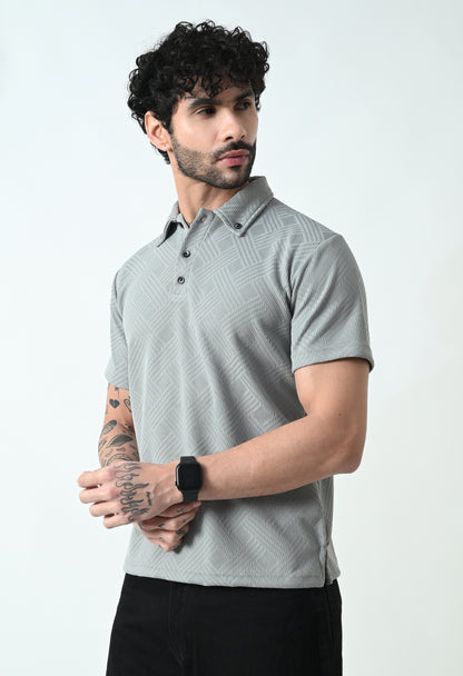 Indyslay Textured Jacquard Buttoned Collar Polo TShirt – Gray