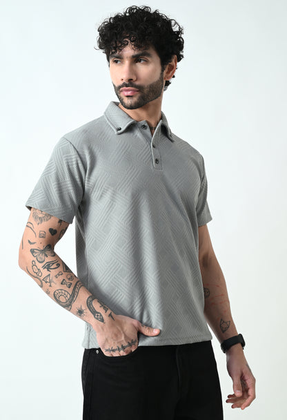 Indyslay Textured Jacquard Buttoned Collar Polo TShirt – Gray