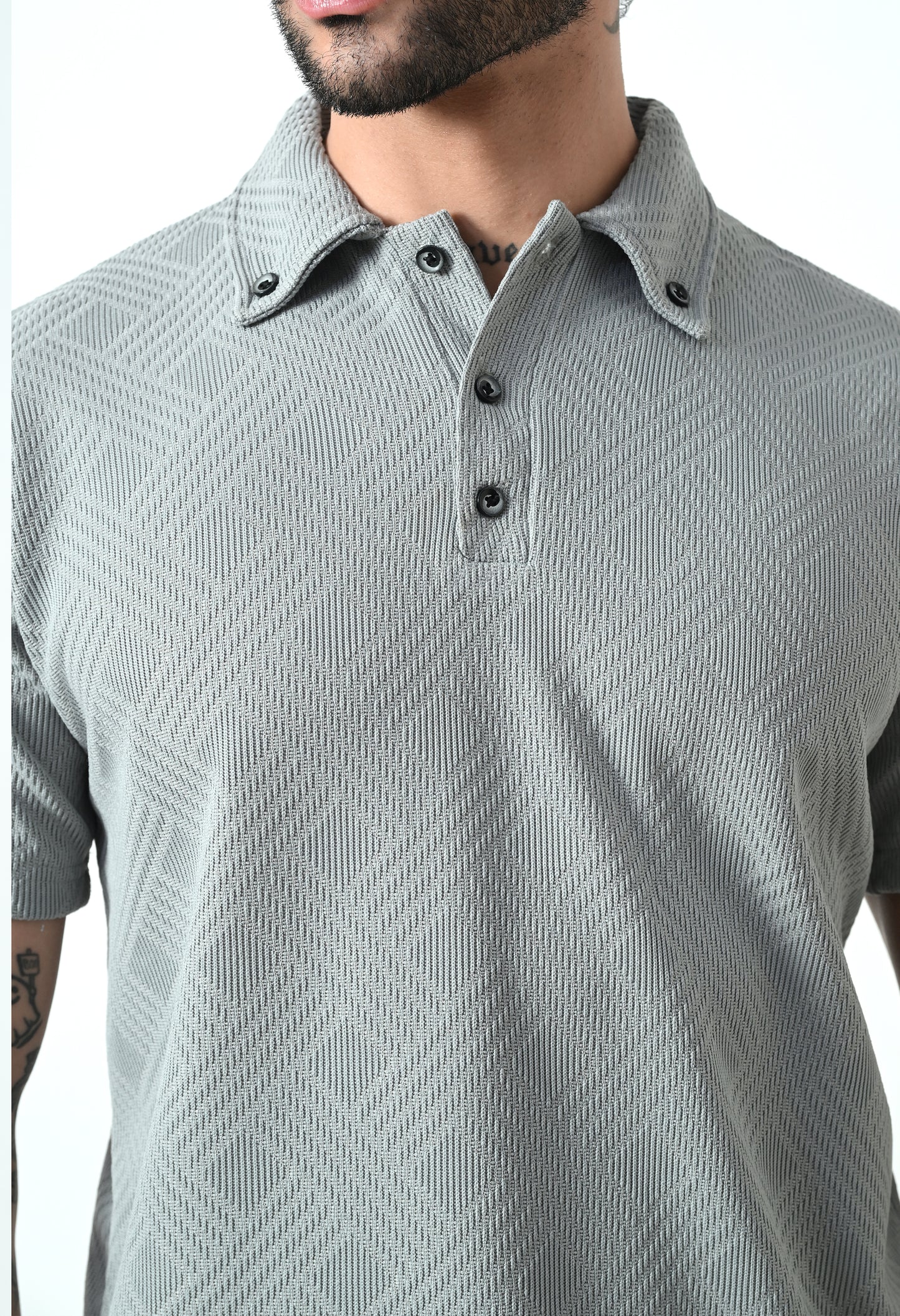 Indyslay Textured Jacquard Buttoned Collar Polo TShirt – Gray