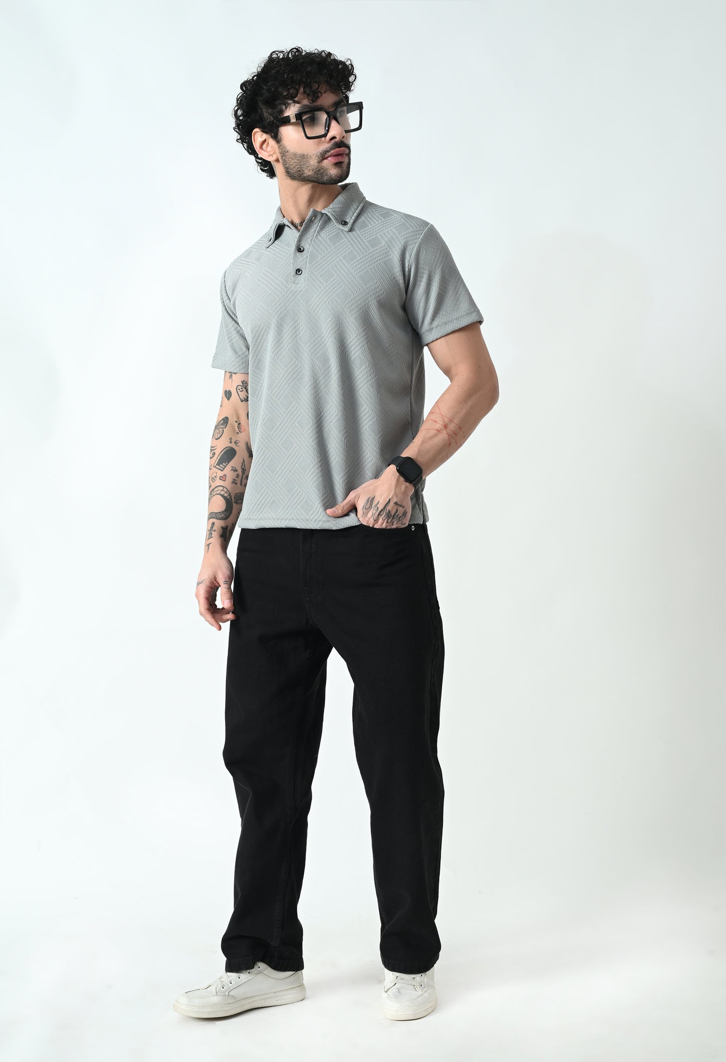 Indyslay Textured Jacquard Buttoned Collar Polo TShirt – Gray