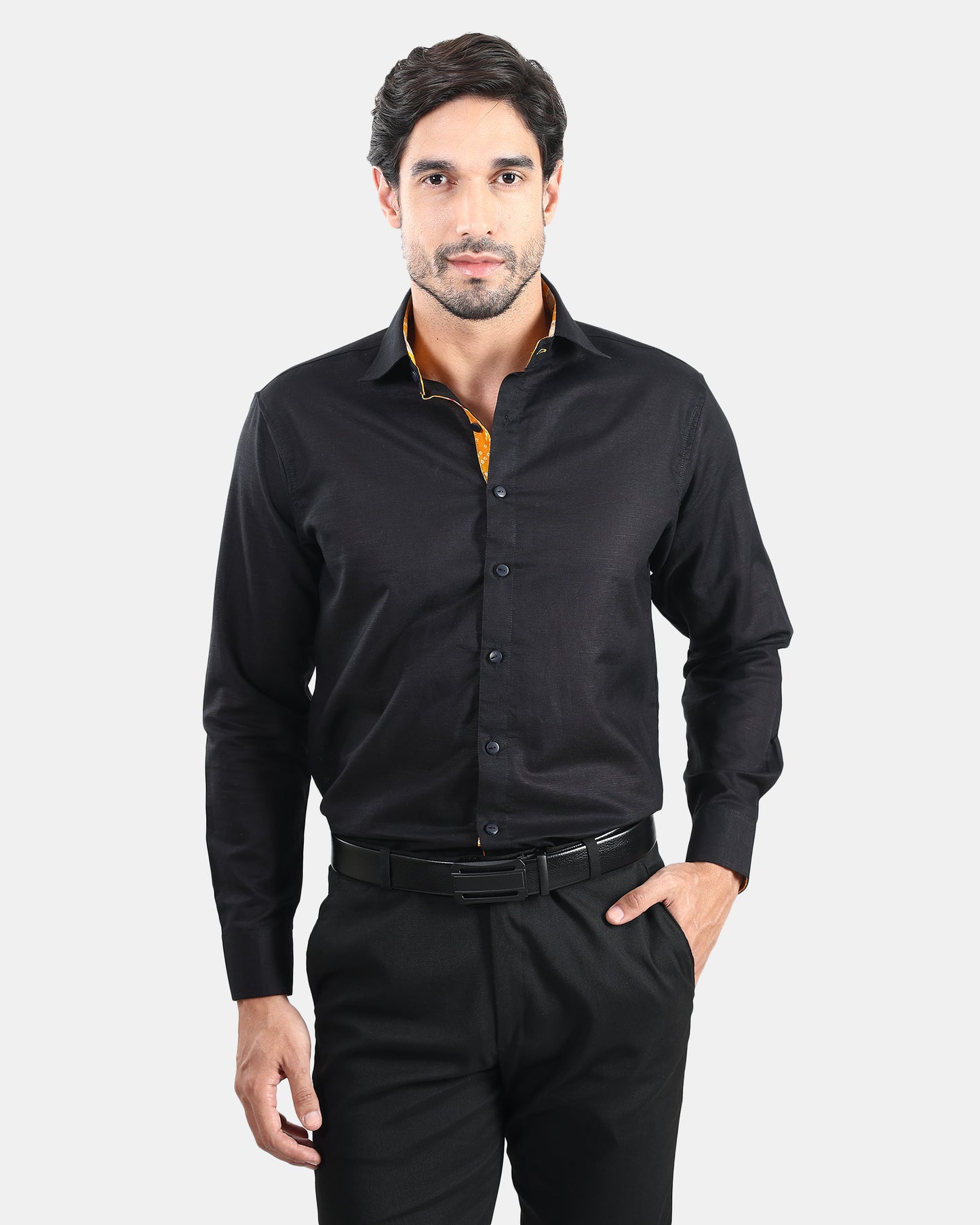 Unmissable Black Formal Linen Shirt with Orange Bandhej Print Detailing