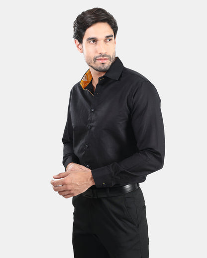 Unmissable Black Formal Linen Shirt with Orange Bandhej Print Detailing
