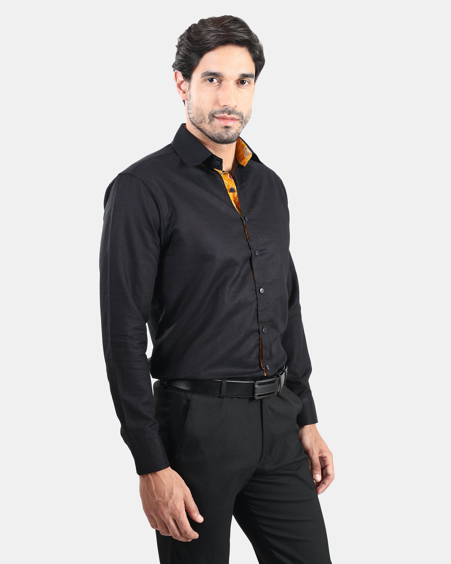 Unmissable Black Formal Linen Shirt with Orange Bandhej Print Detailing