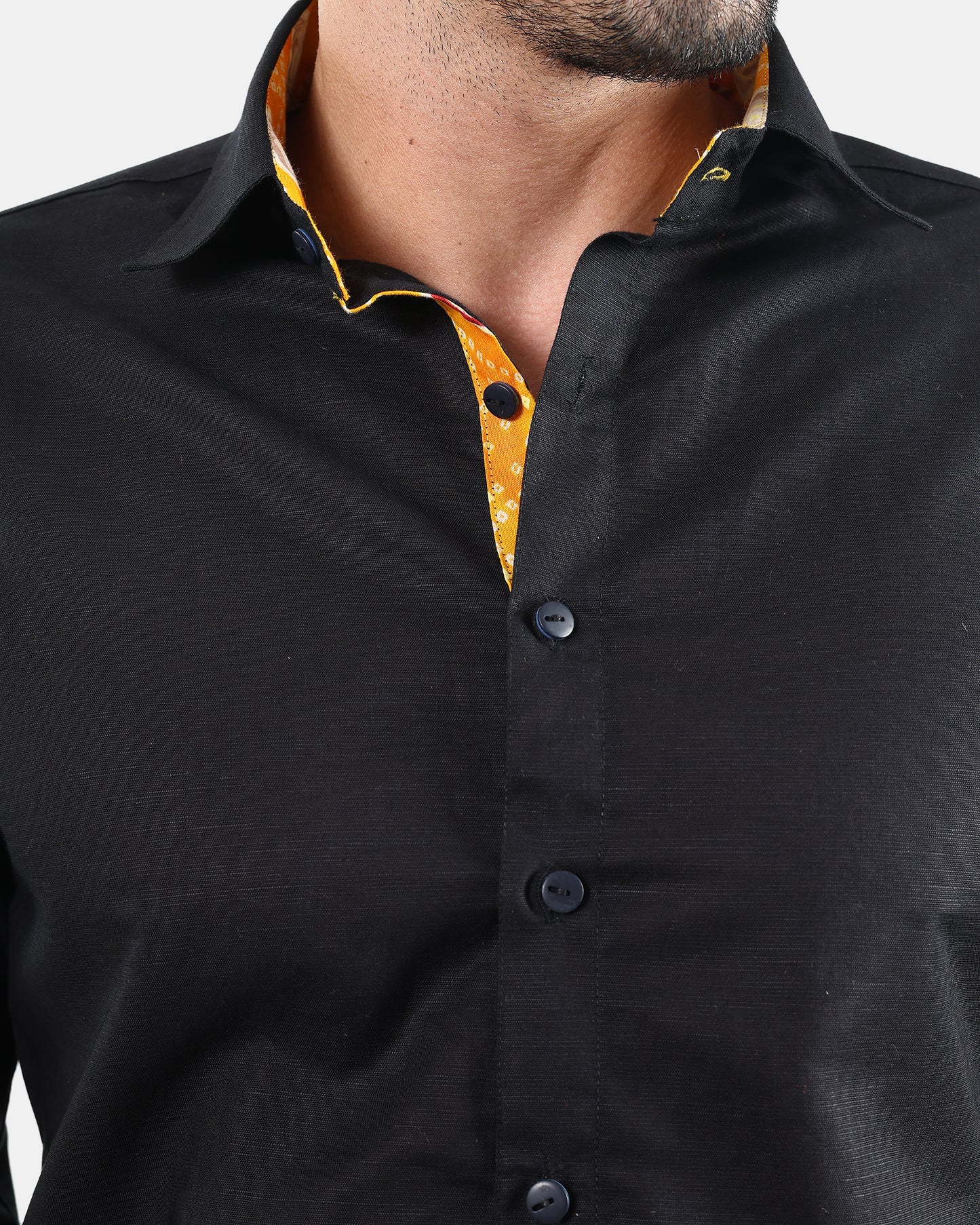 Unmissable Black Formal Linen Shirt with Orange Bandhej Print Detailing