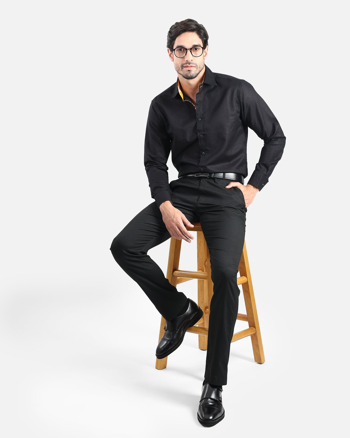 Unmissable Black Formal Linen Shirt with Orange Bandhej Print Detailing