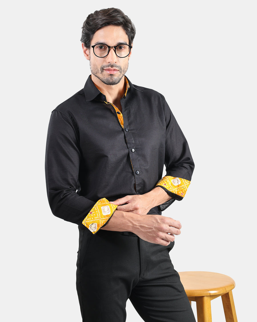 Black Linen Shirt | Bandhej Detailing