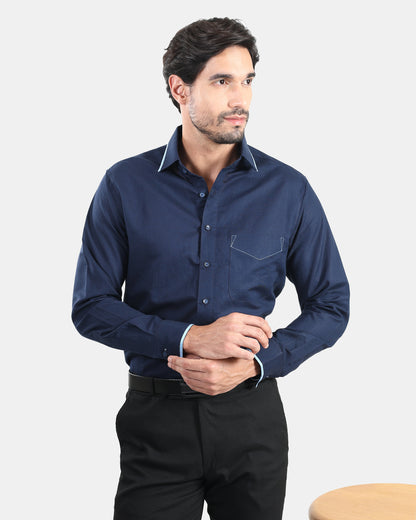 Navy Blue Signature Presence Linen Shirt with Sky blue Piped Detailing