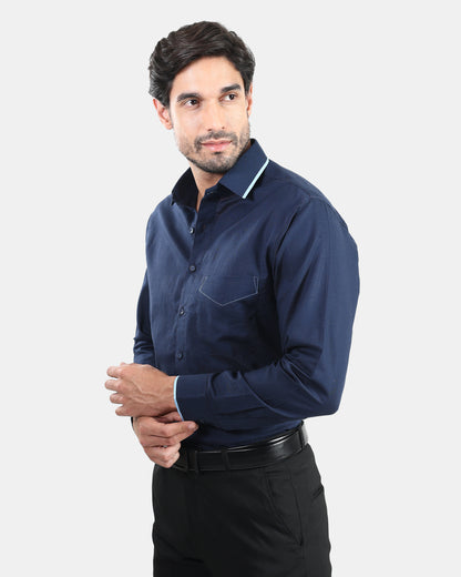 Navy Blue Signature Presence Linen Shirt with Sky blue Piped Detailing