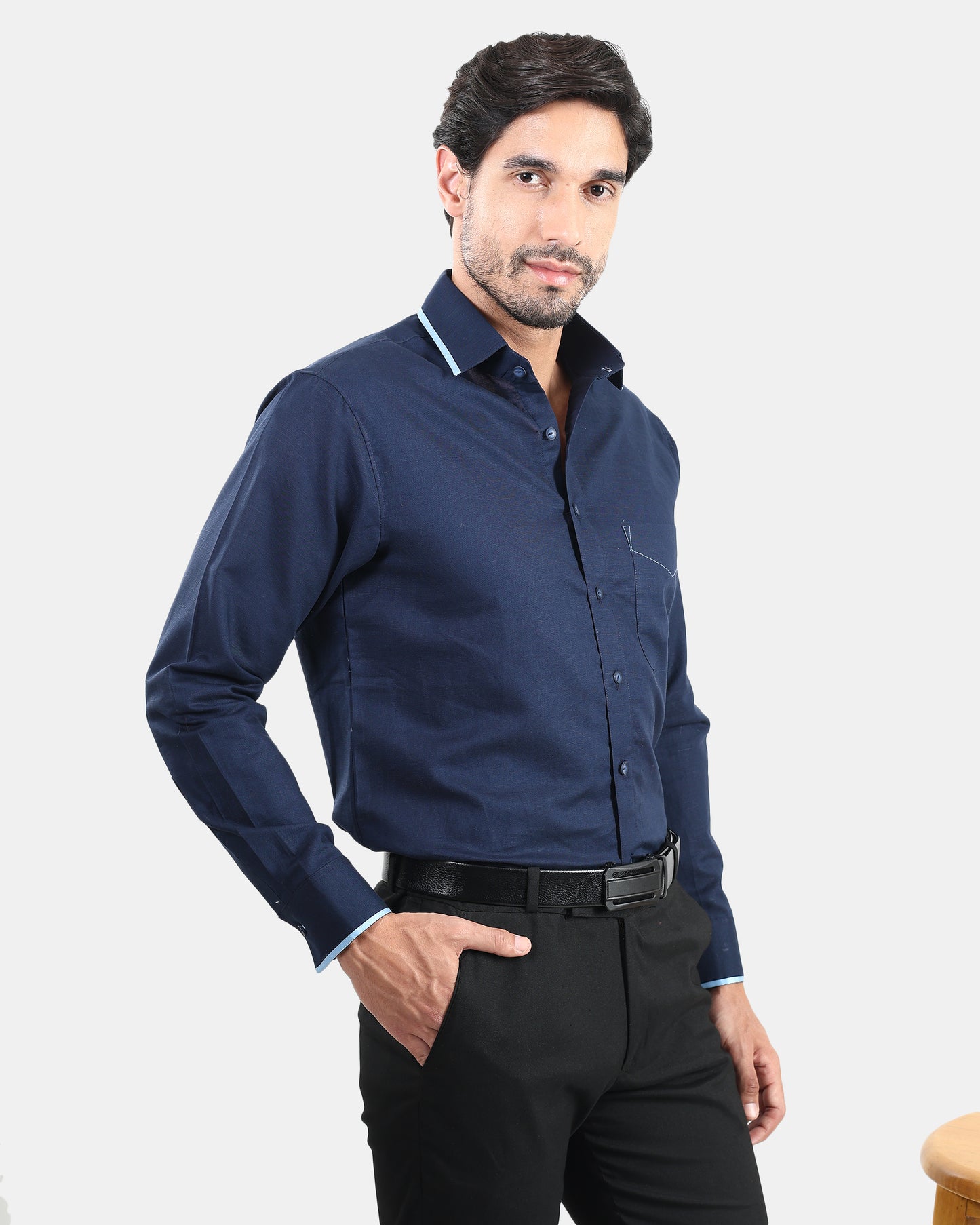 Navy Blue Signature Presence Linen Shirt with Sky blue Piped Detailing