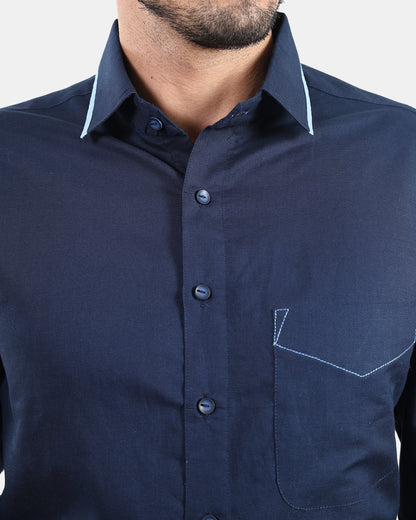 Navy Blue Signature Presence Linen Shirt with Sky blue Piped Detailing
