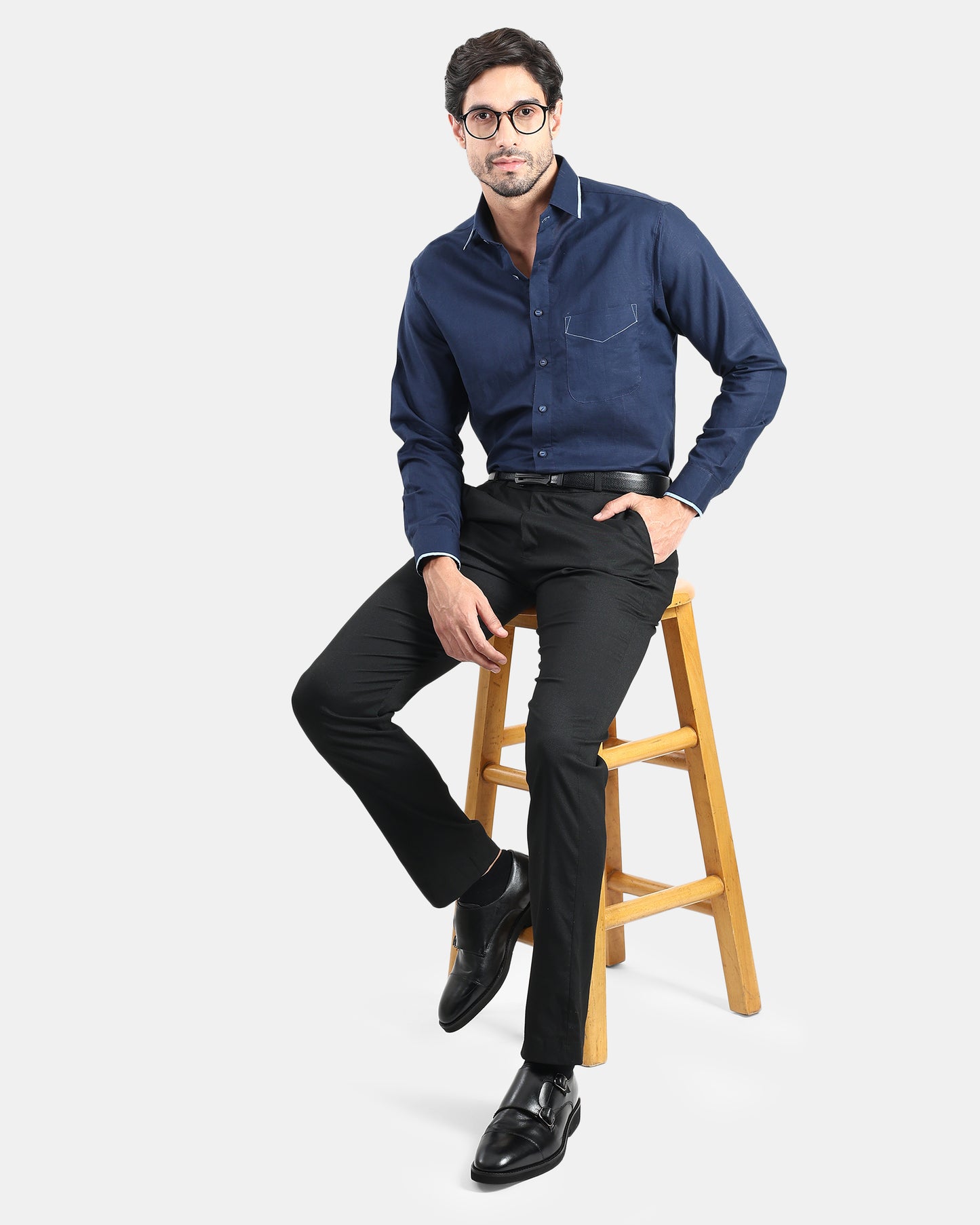 Navy Blue Signature Presence Linen Shirt with Sky blue Piped Detailing