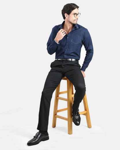 Navy Blue Signature Presence Linen Shirt with Sky blue Piped Detailing