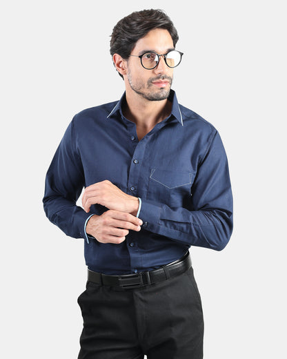 Navy Blue Signature Presence Linen Shirt with Sky blue Piped Detailing