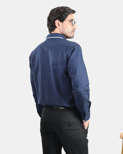 Navy Blue Signature Presence Linen Shirt with Sky blue Piped Detailing