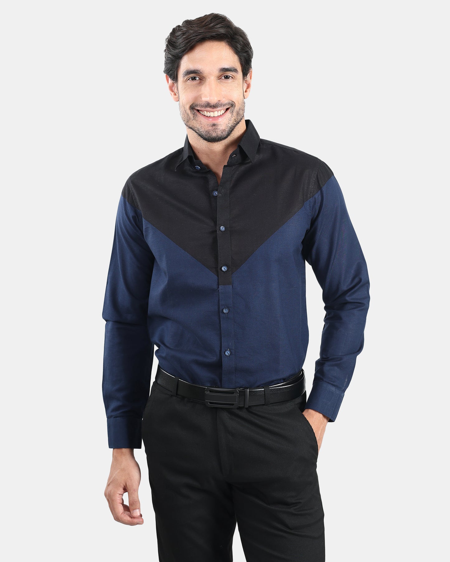 Black & Navy Front Yoke Statement Linen Shirt