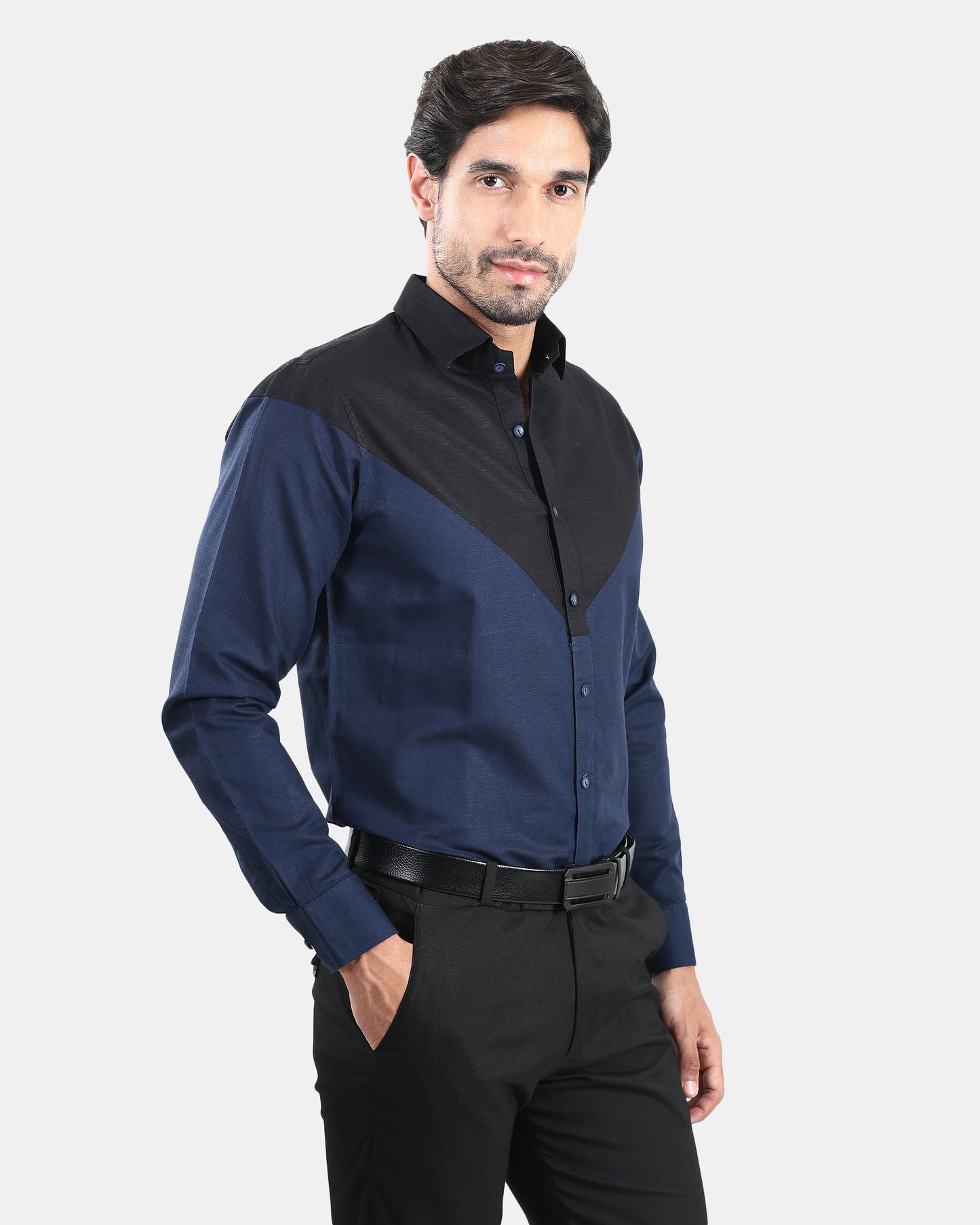 Black & Navy Front Yoke Statement Linen Shirt