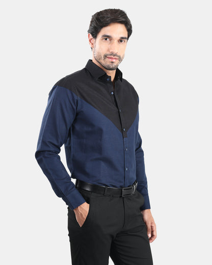 Black & Navy Front Yoke Statement Linen Shirt