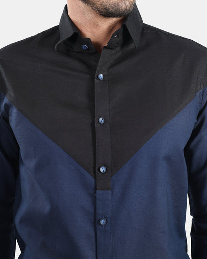 Black & Navy Front Yoke Statement Linen Shirt