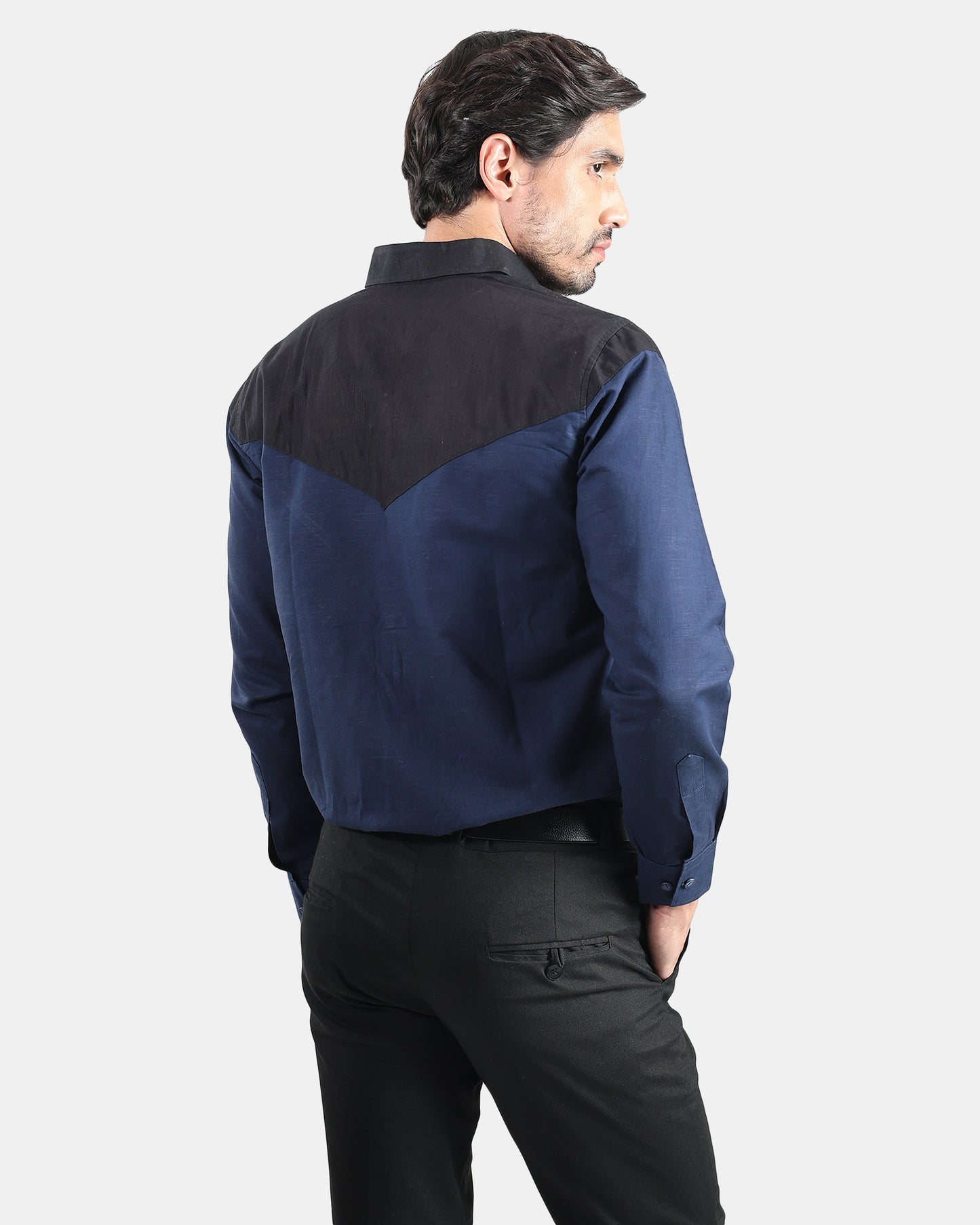 Black & Navy Front Yoke Statement Linen Shirt