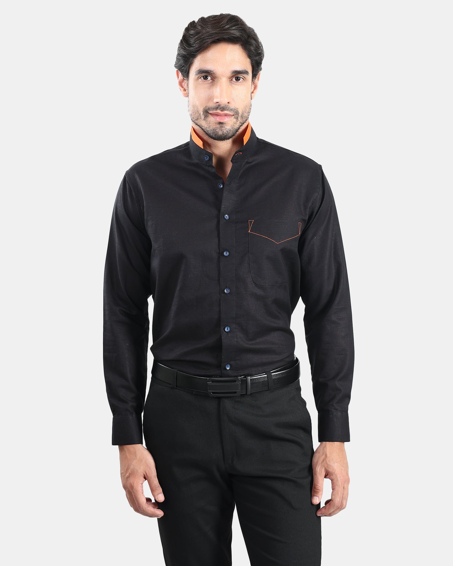 Monarch Detail Premium Black Linen Shirt with Mandarin Collar with orange detailing