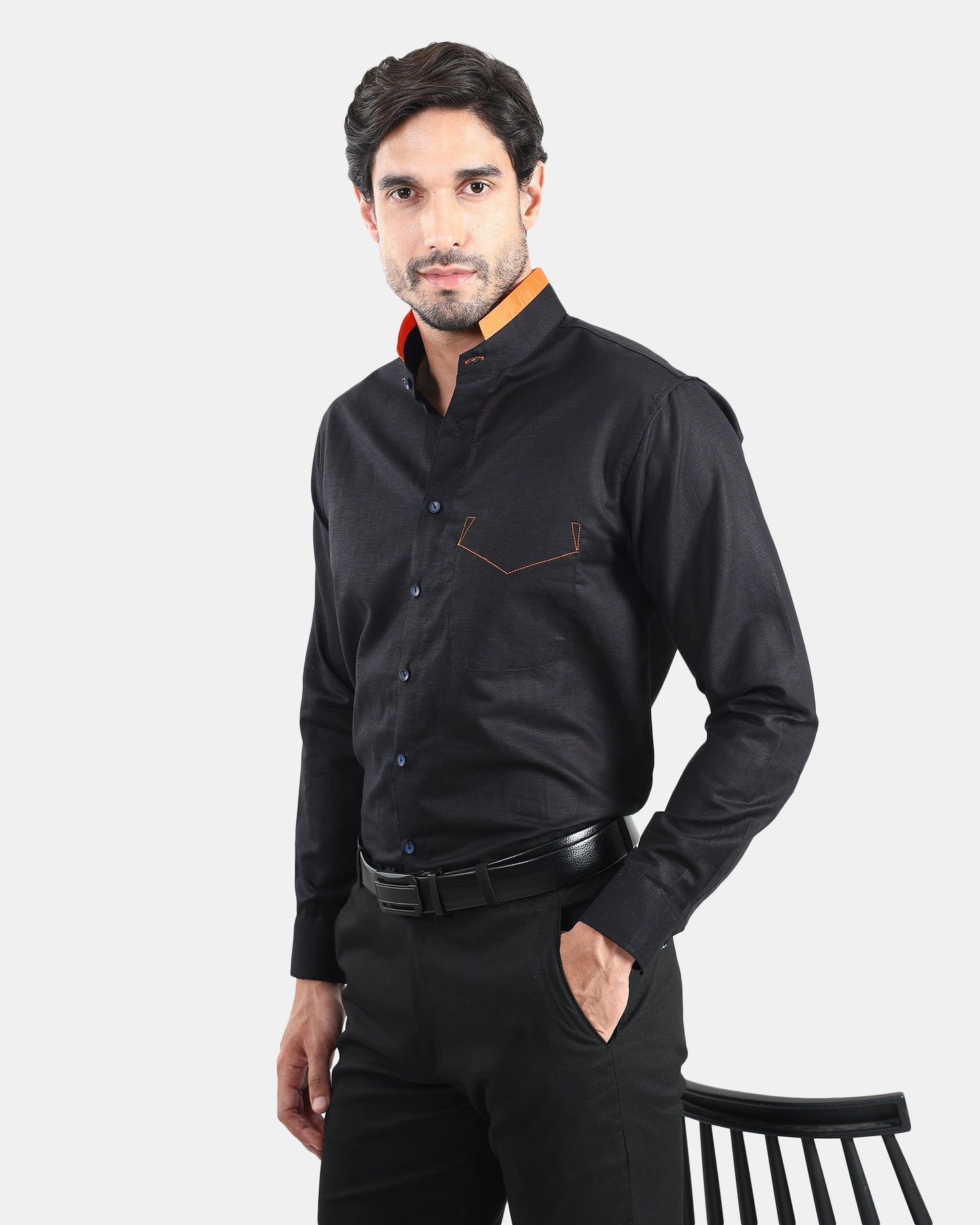 Monarch Detail Premium Black Linen Shirt with Mandarin Collar with orange detailing