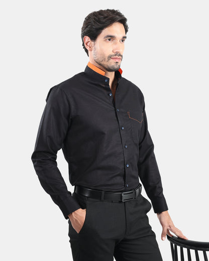 Monarch Detail Premium Black Linen Shirt with Mandarin Collar with orange detailing