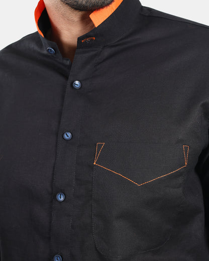 Monarch Detail Premium Black Linen Shirt with Mandarin Collar with orange detailing