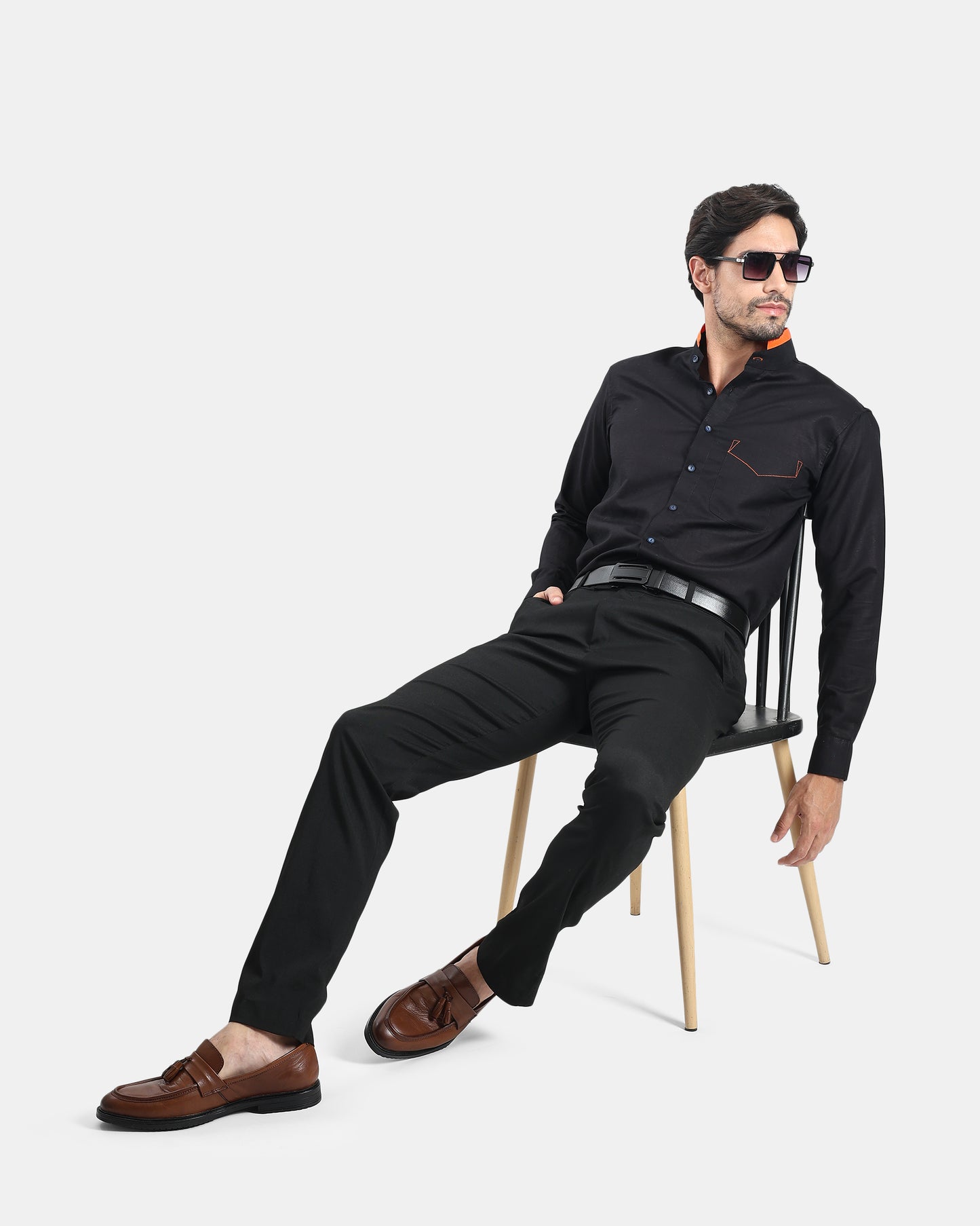 Monarch Detail Premium Black Linen Shirt with Mandarin Collar with orange detailing
