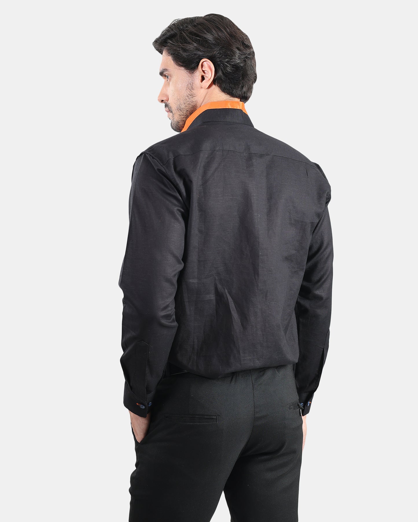 Monarch Detail Premium Black Linen Shirt with Mandarin Collar with orange detailing