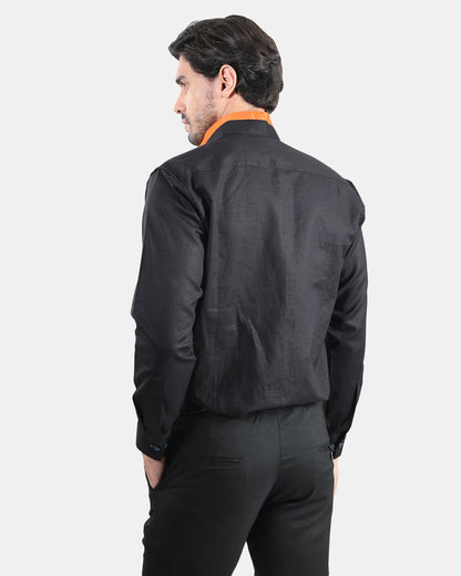 Monarch Detail Premium Black Linen Shirt with Mandarin Collar with orange detailing