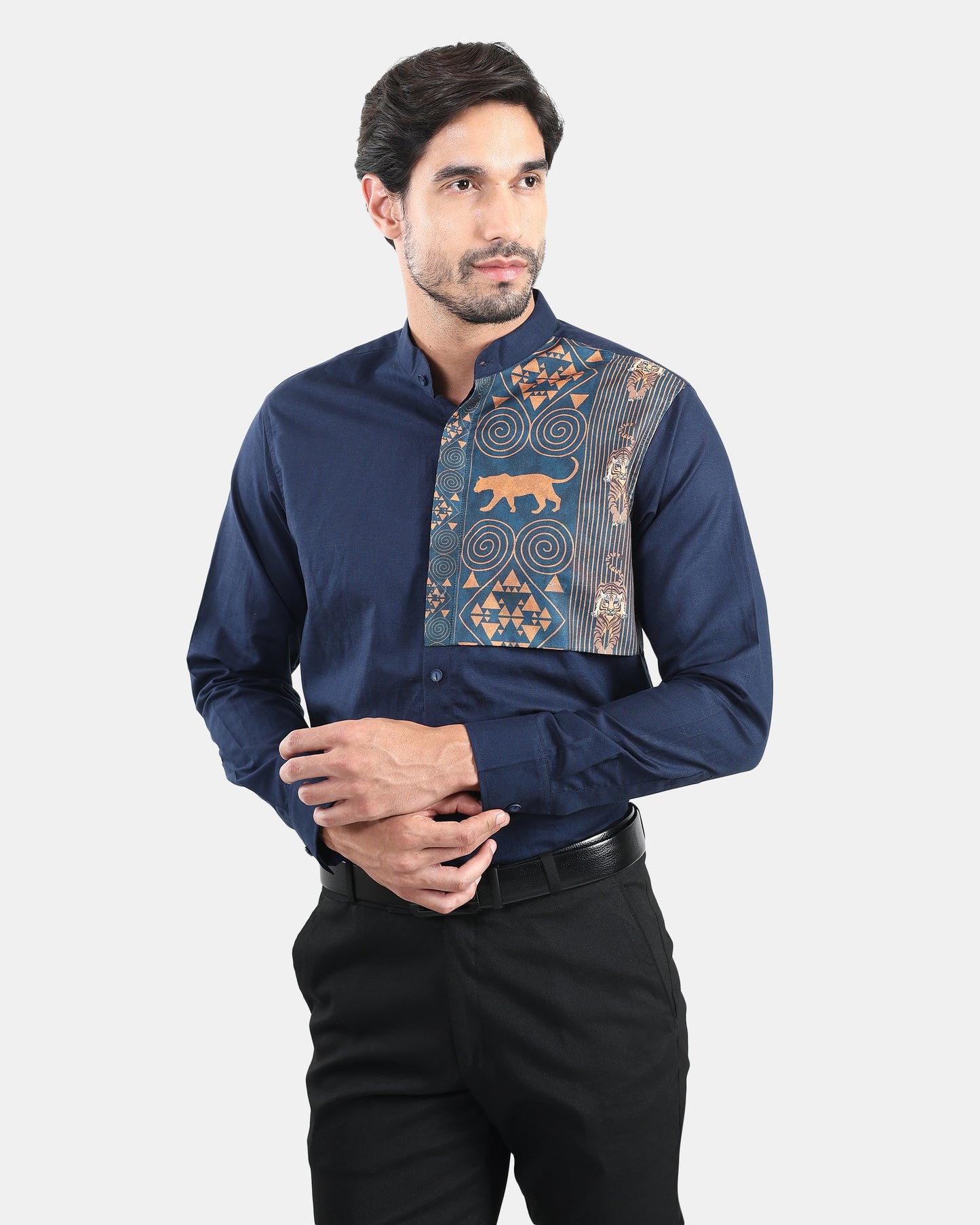 Tribal Crest Patch Navy Linen Shirt - with Mandarin Collar