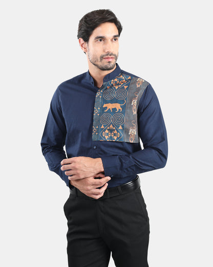 Tribal Crest Patch Navy Linen Shirt - with Mandarin Collar