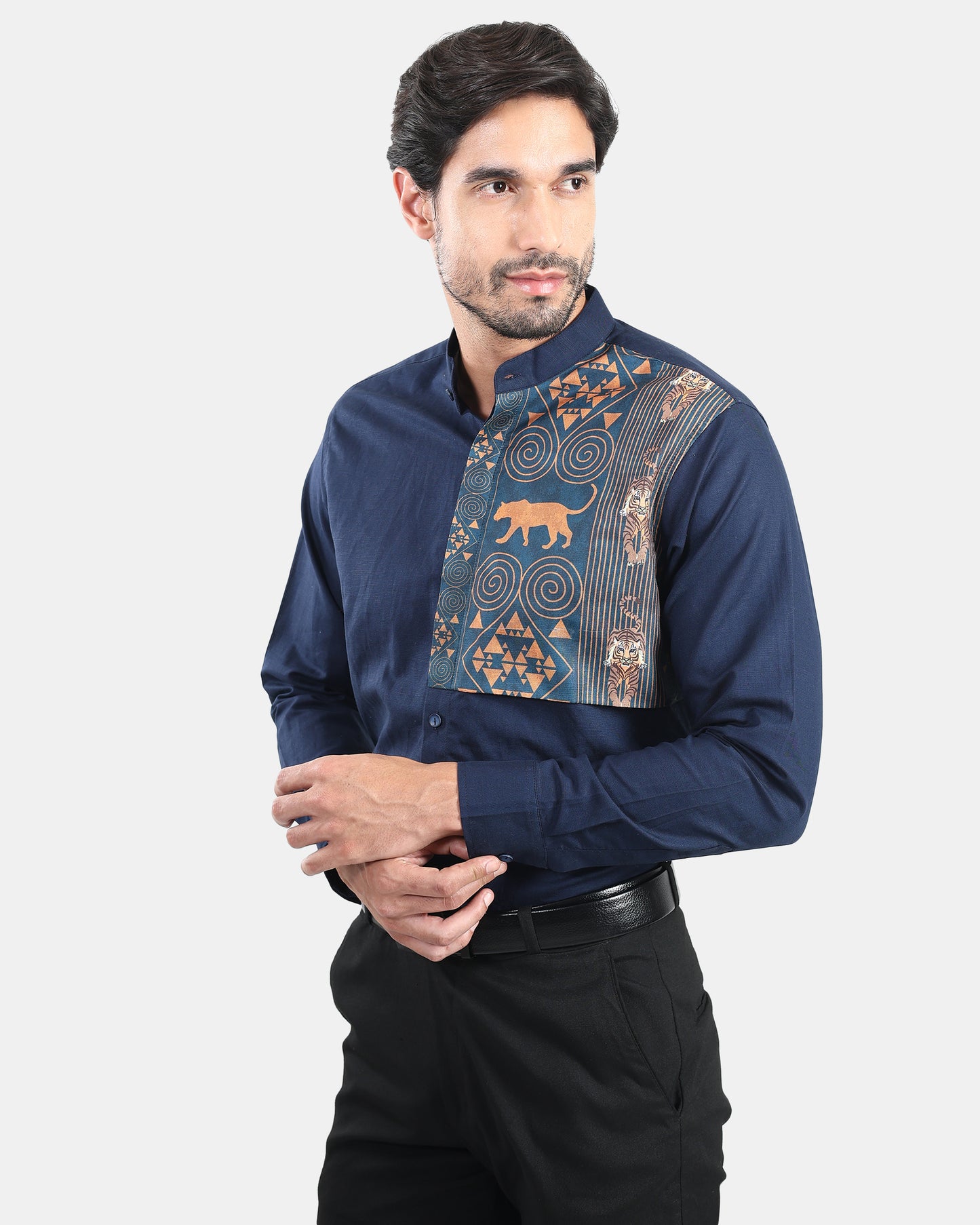 Tribal Crest Patch Navy Linen Shirt - with Mandarin Collar
