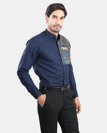Tribal Crest Patch Navy Linen Shirt - with Mandarin Collar