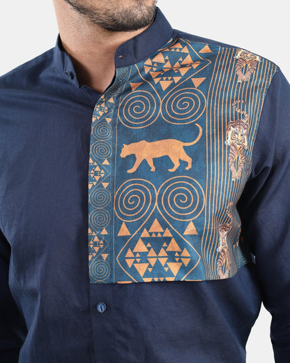 Tribal Crest Patch Navy Linen Shirt - with Mandarin Collar