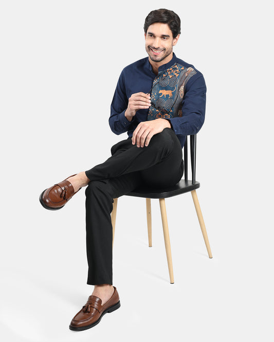 Tribal Crest Patch Navy Linen Shirt - with Mandarin Collar