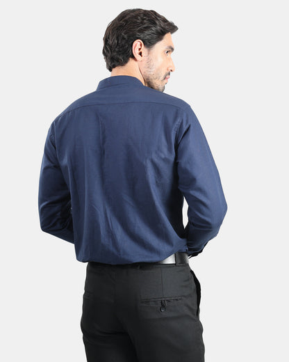 Tribal Crest Patch Navy Linen Shirt - with Mandarin Collar