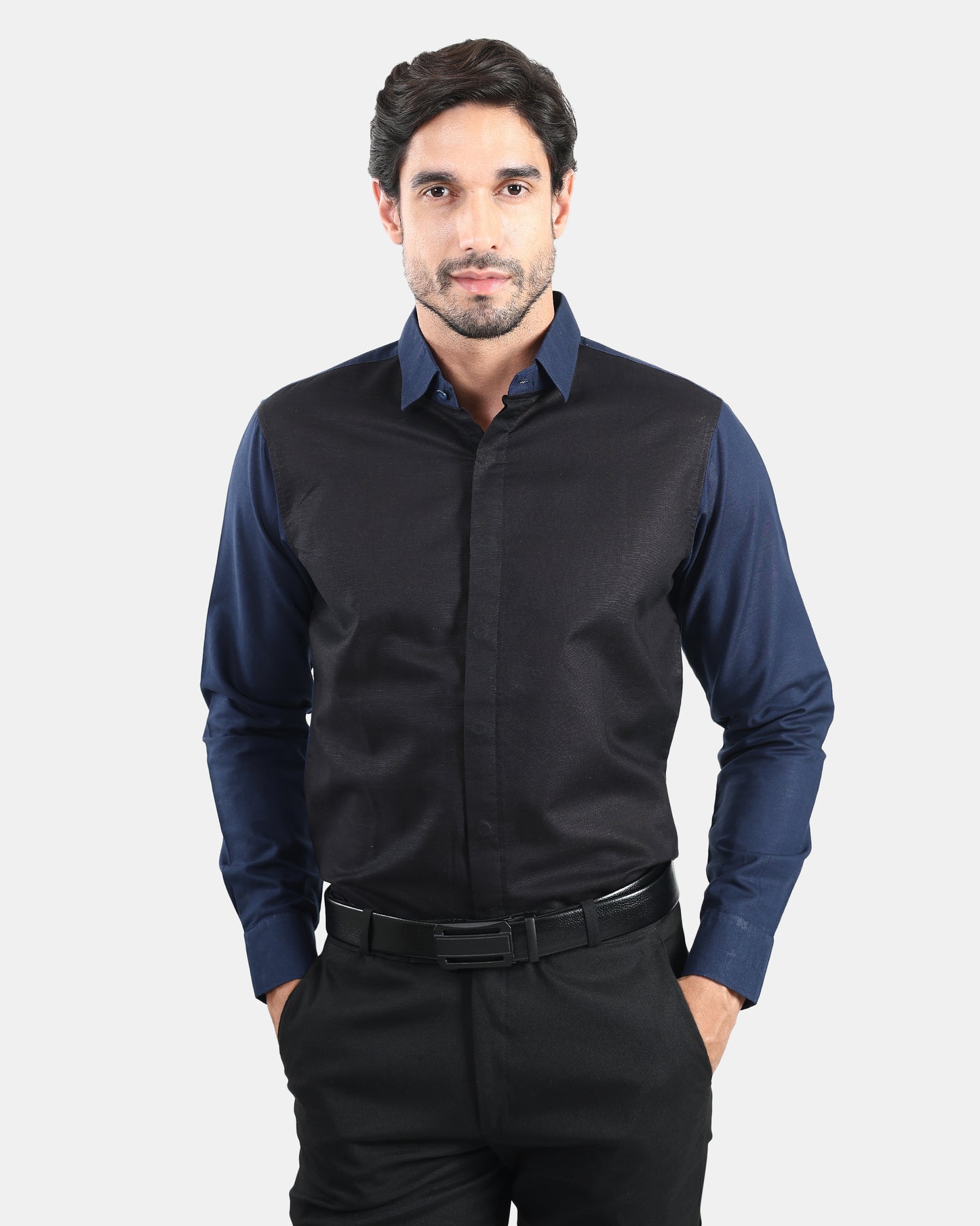 Noir Panel Premium Linen Formal Shirt for Men | Black & Navy Contrast Designer Shirt