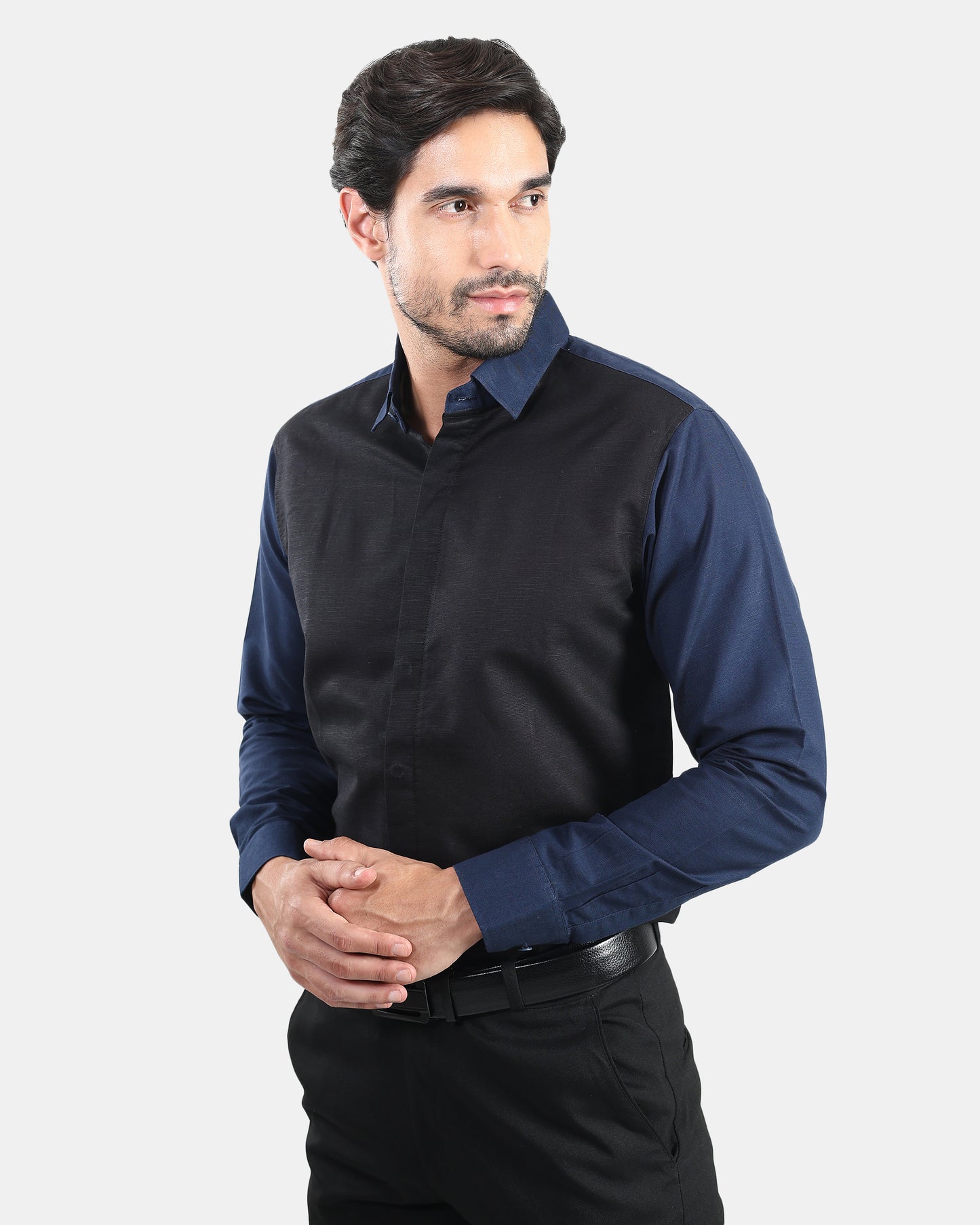 Noir Panel Premium Linen Formal Shirt for Men | Black & Navy Contrast Designer Shirt