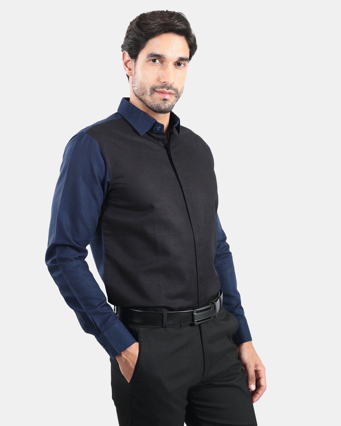 Noir Panel Premium Linen Formal Shirt for Men | Black & Navy Contrast Designer Shirt
