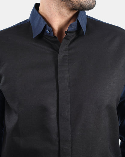 Noir Panel Premium Linen Formal Shirt for Men | Black & Navy Contrast Designer Shirt