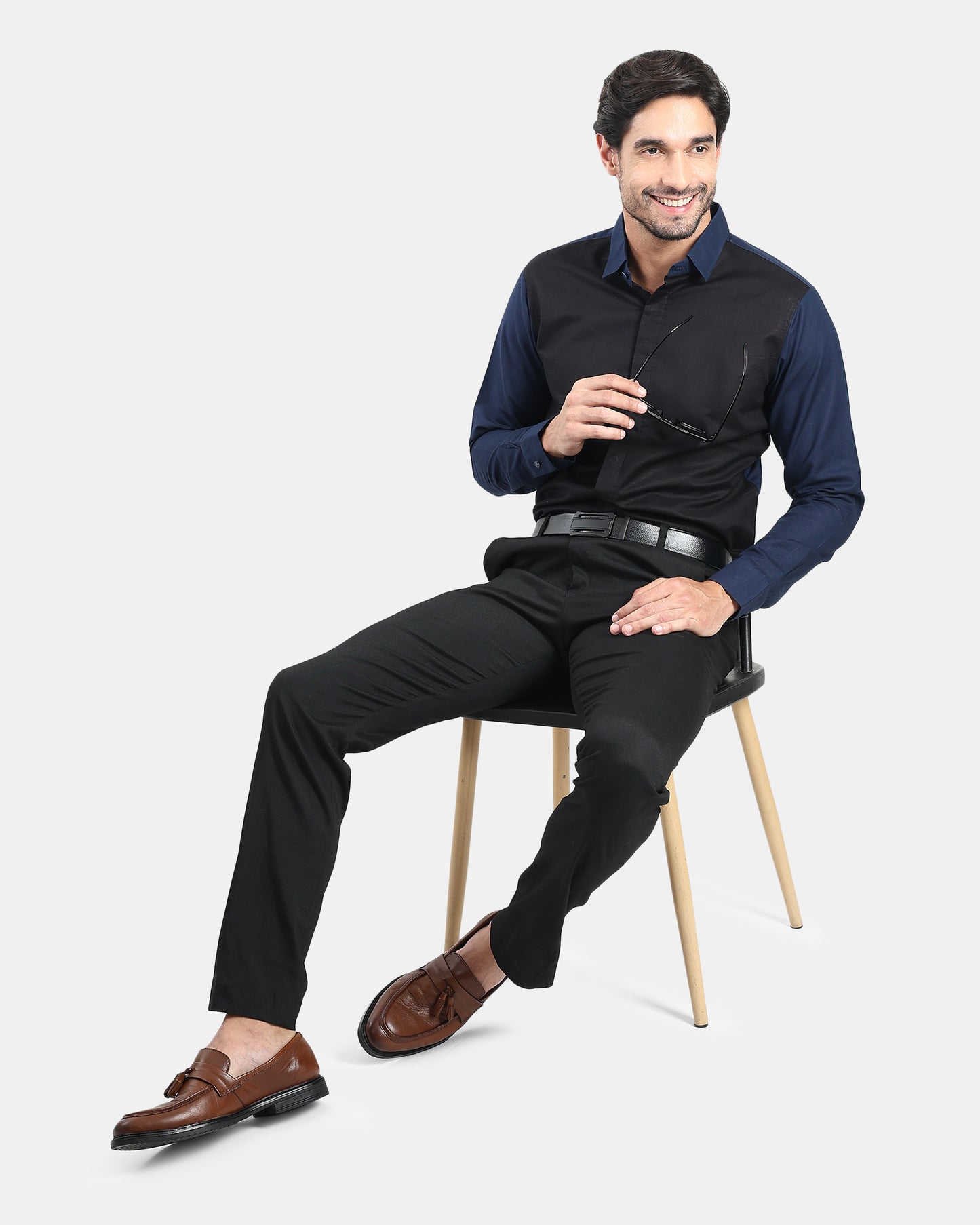 Noir Panel Premium Linen Formal Shirt for Men | Black & Navy Contrast Designer Shirt