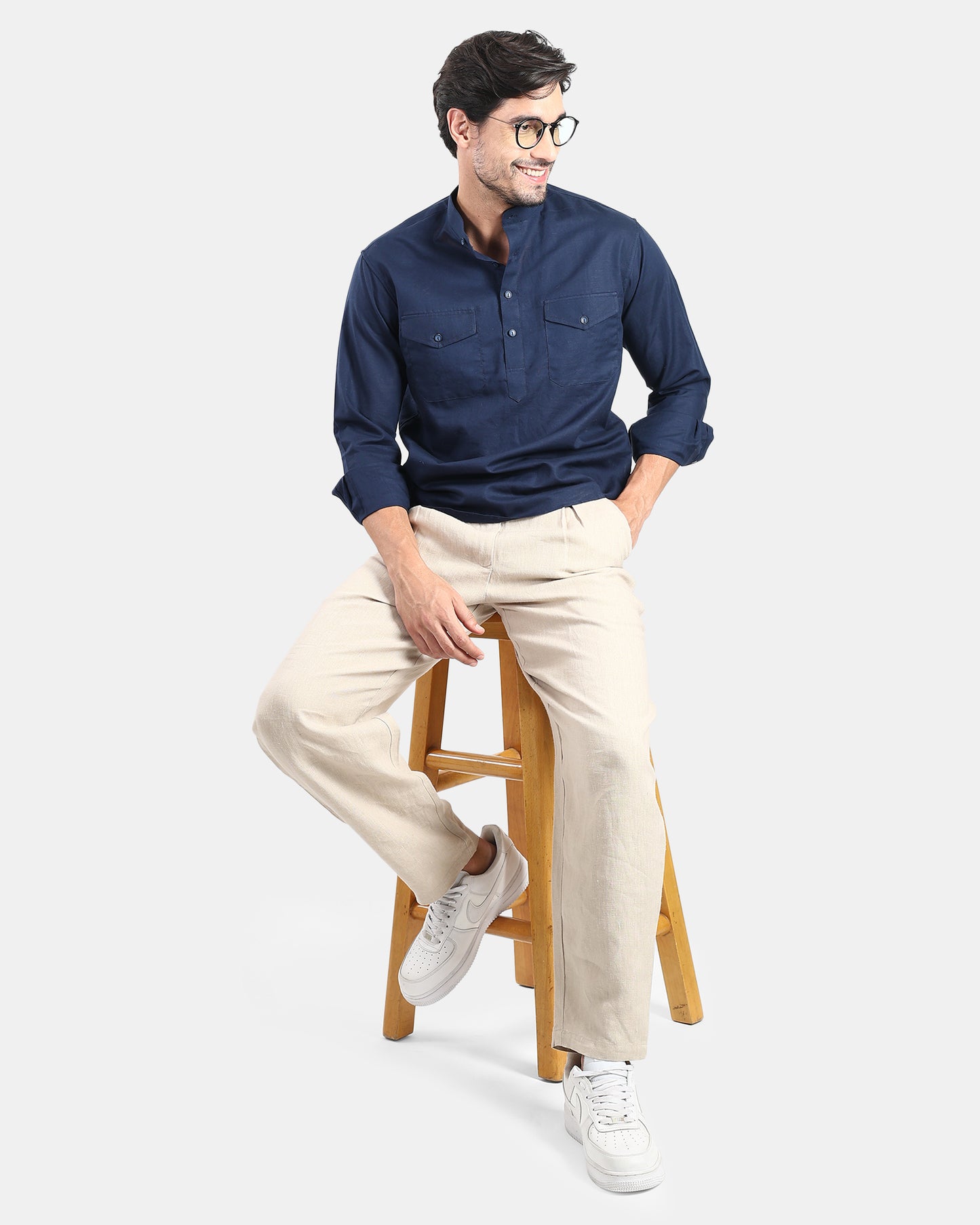 Navy Classic Mandarin Kurta Shirt with Pockets
