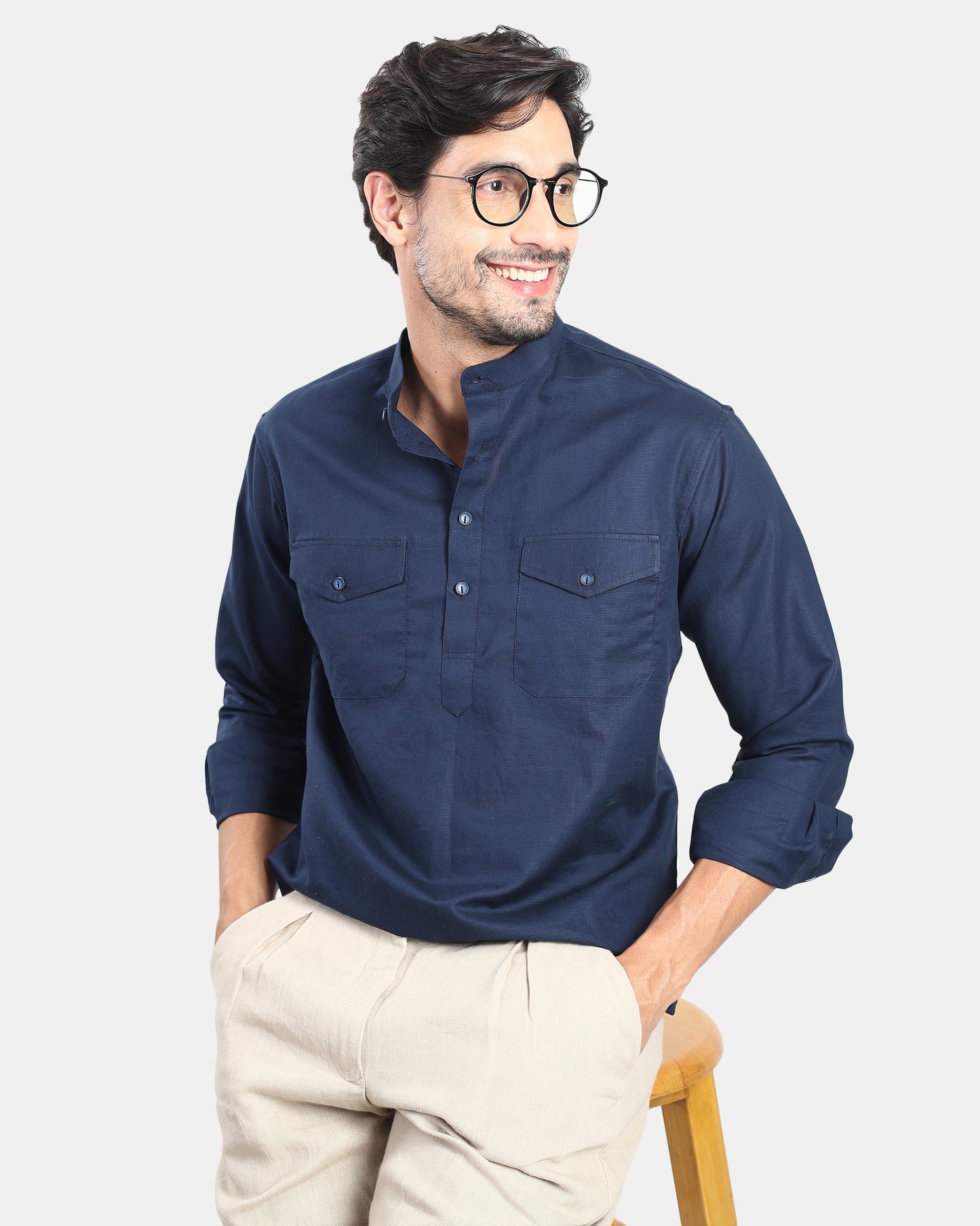 Navy Classic Mandarin Kurta Shirt with Pockets