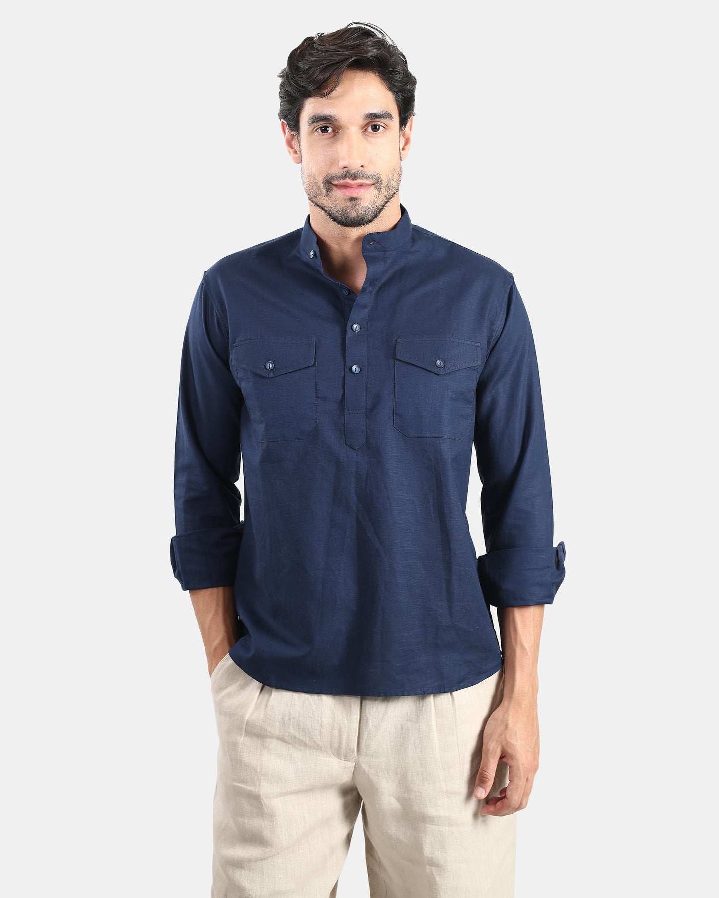 Navy Classic Mandarin Kurta Shirt with Pockets